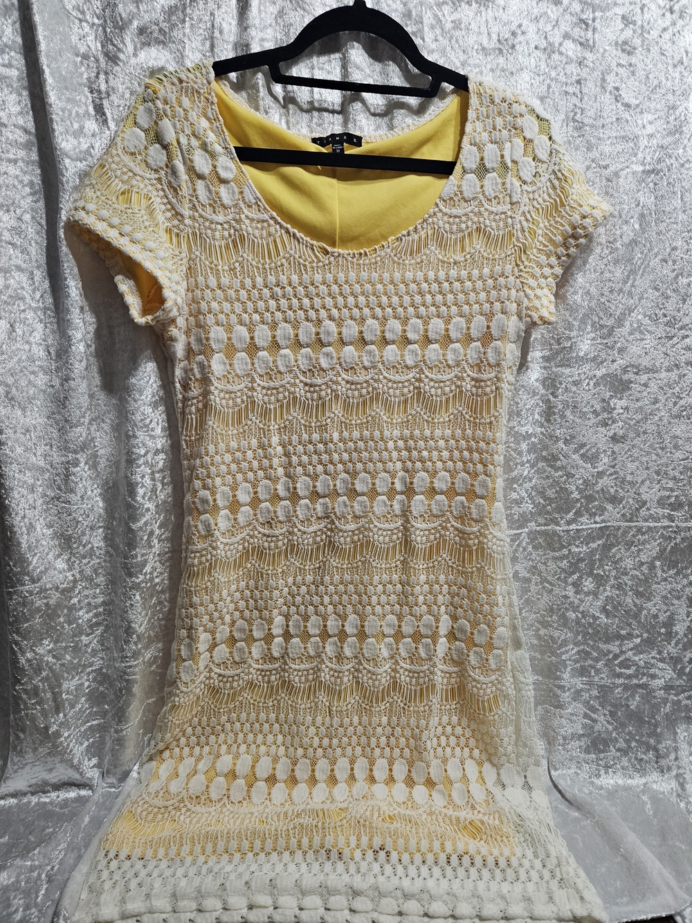 Tiana B. yellow w/white crochet overlay Medium Midi Dress